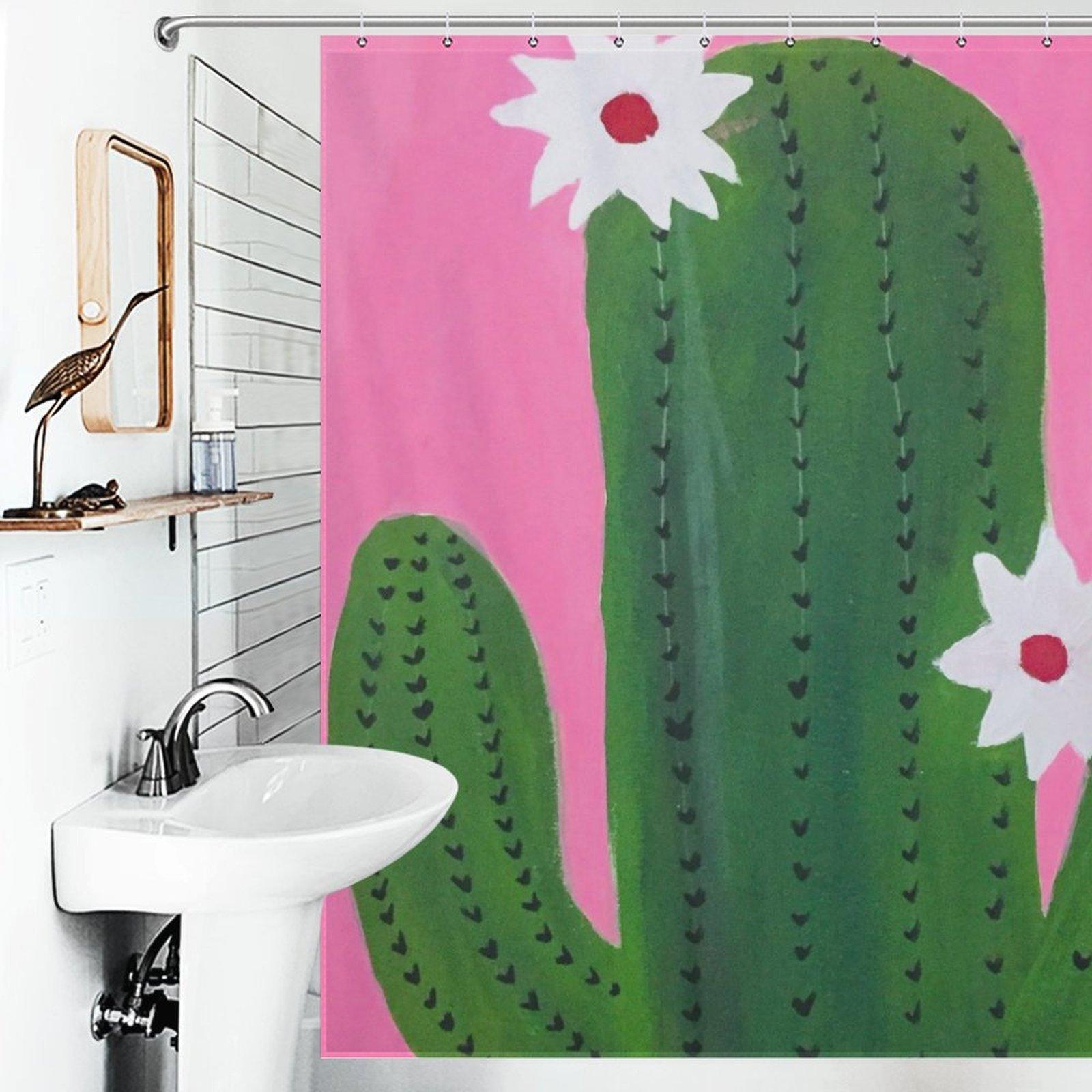 Boho Cactus Flower Print Shower Curtain, Pink Green Waterproof Bath Curtain, Southwest Desert Aesthetic Bathroom Decor, Cute Cactus Bath Accessory with Hooks