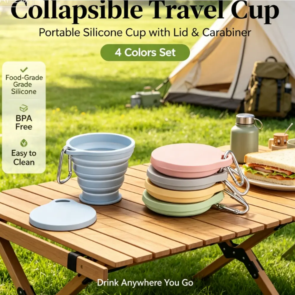4 Pack Collapsible Silicone Cups with Lids & Carabiners, Heat Resistant, Portable Drink & Rinse Cup for Hiking