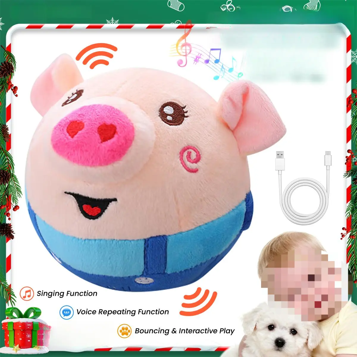 Rechargeable Interactive Pig Toy for Small & Medium Dogs – Bouncing, Singing, Voice-Repeating Plush Ball with Washable Cover