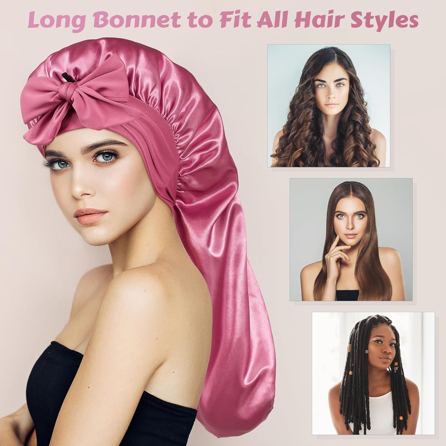 Long Bonnet Satin Hair Silk Bonnet for Sleeping Women, Silky Bonnets for Women with Tie Band, Sleep Cap for Braids Curly Hair
