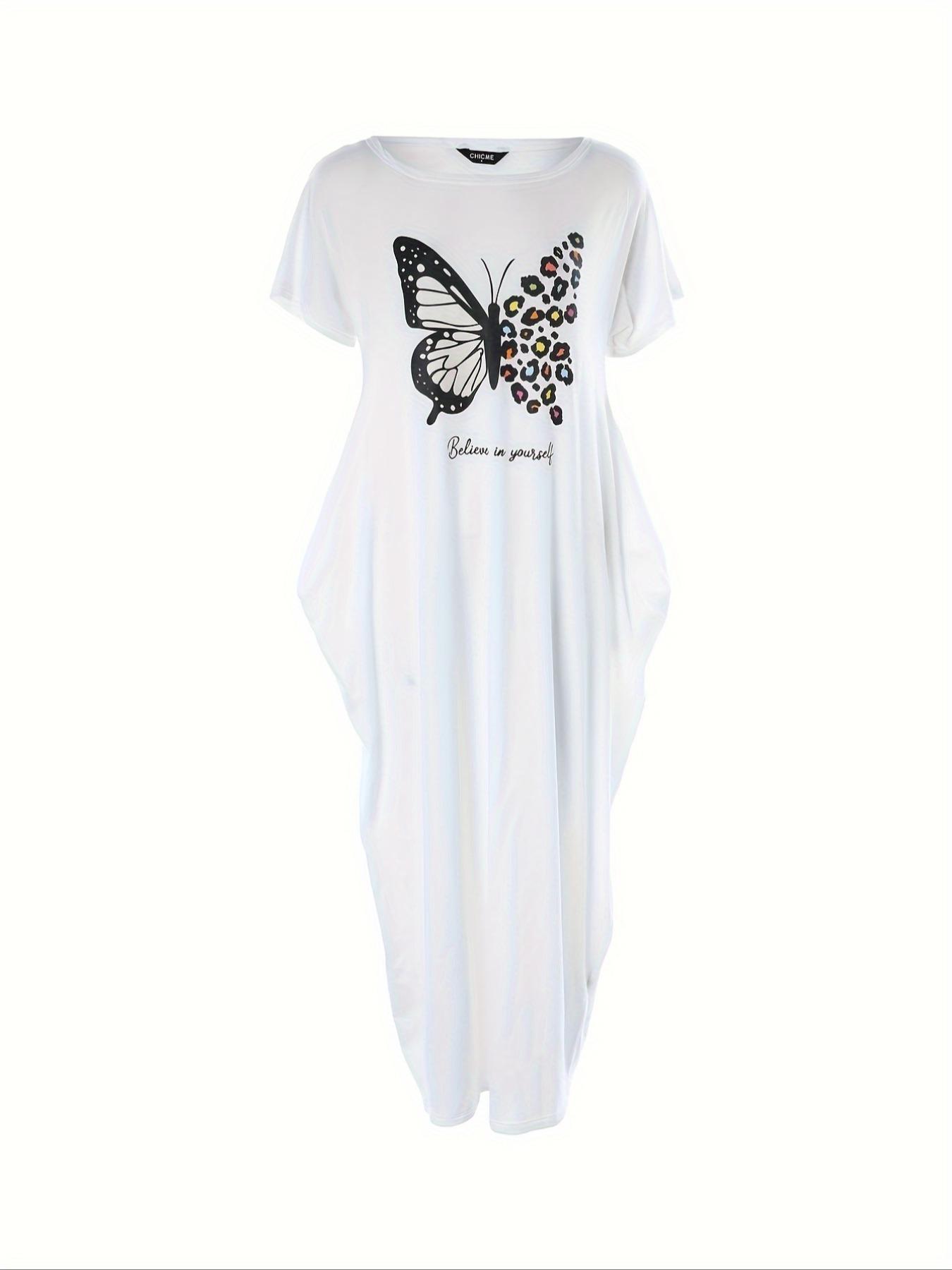Women's Butterfly Print Round Neck Nightdress, Casual Soft Comfortable Short Sleeve Nightgown for Daily Wear, Ladies Sleepwear for All Seasons, Casual Comfy Nightdress