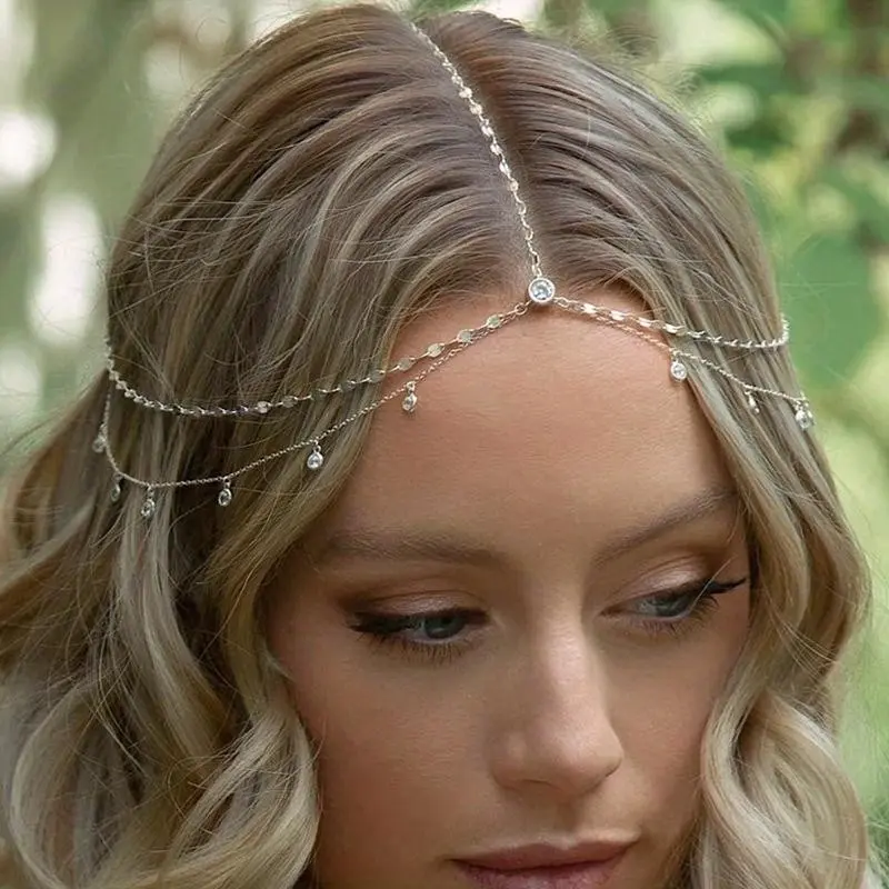 Light luxury zircon tassel pendant bridal hair chain fashionable bohemian forehead chain wedding hair accessories