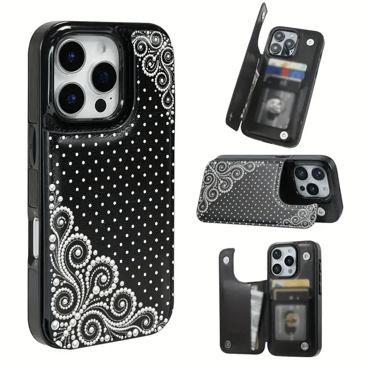 Simple curly lace pattern wallet-style card holder phone case.this practical product features a card slot function for storing bank cards, bus cards, and other cards.Suitable for iPhone 17 Pro Max, 16, 15, 14, 13, 12 Pro Max, 17air and Samsung S26 series
