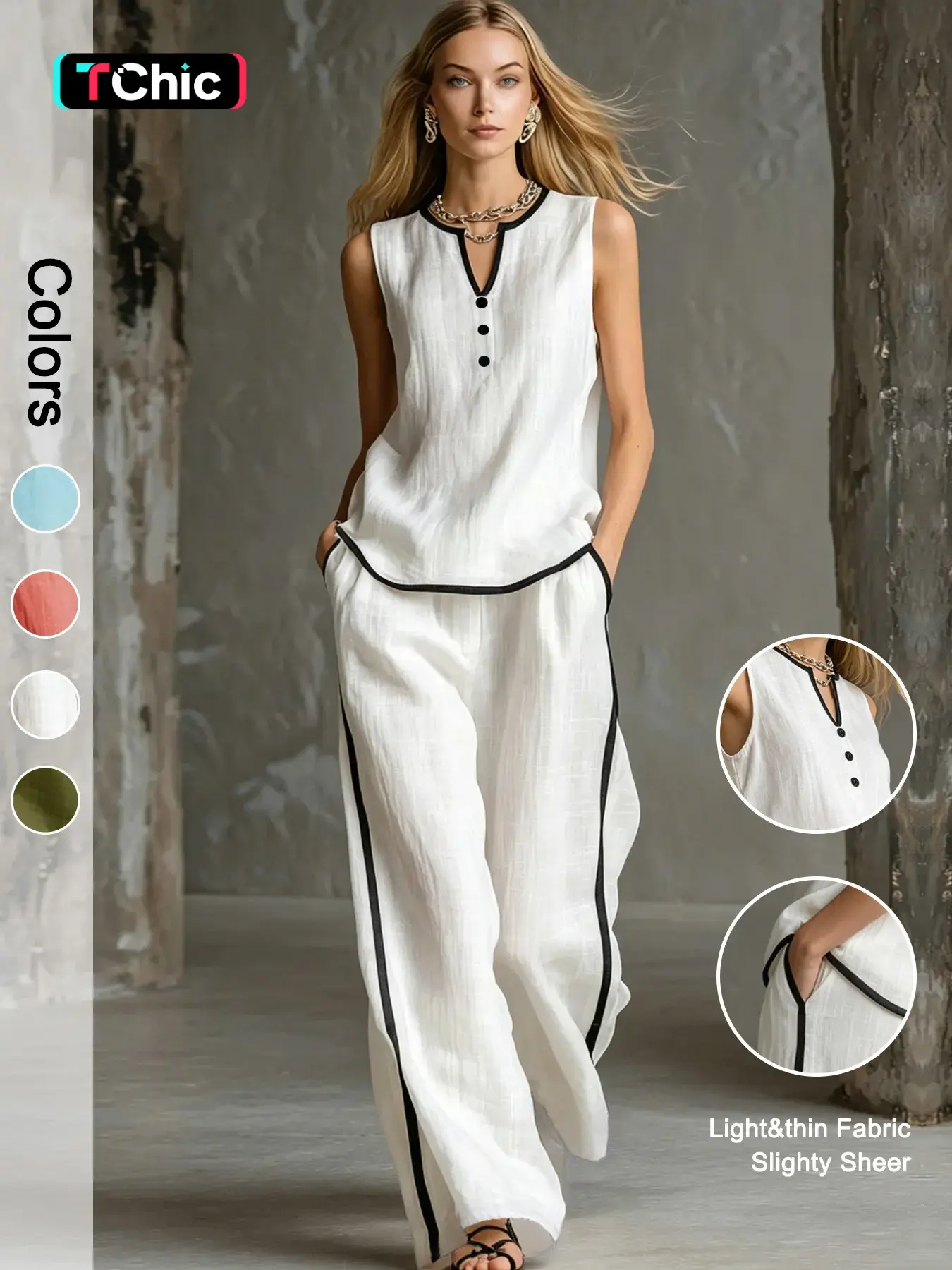 Women's Summer Loose-Fit Set, V-Neck Fake-Button Contrast-Edge Sleeveless Top and Wide-Leg Pants, 2-Piece Outfit for Casual Wear Clothes