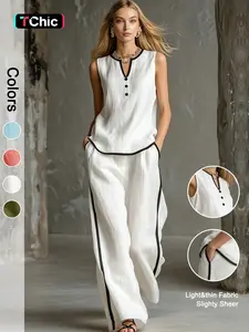 Women's Summer Loose Fit V-Neck Decorative Button Contrast Binding Sleeveless Top and Wide Leg Pants Set, 2-Piece Casual Wear, Womenswear