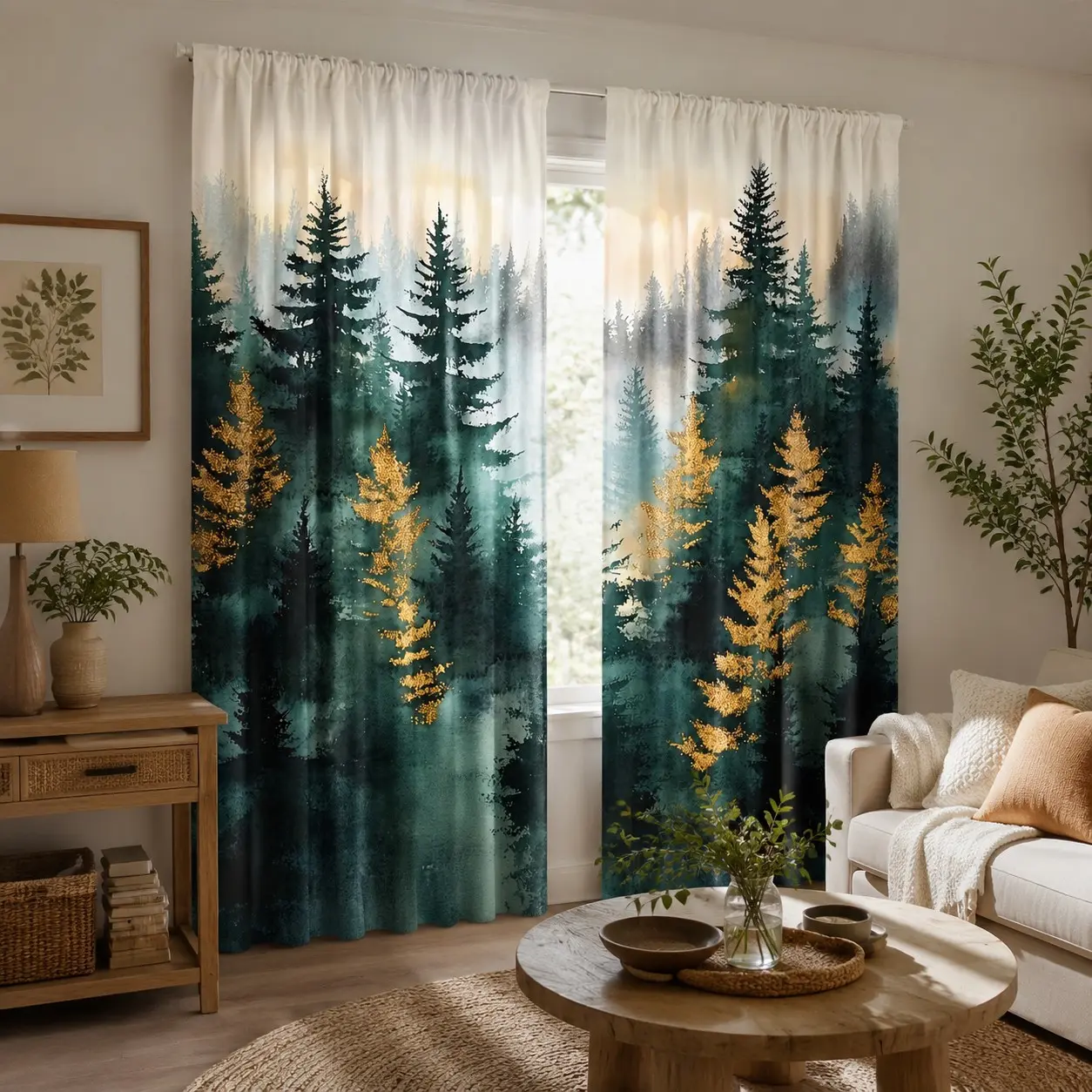 2-Pack Gold Forest Curtains, Natural Tree Mist Forest Silhouette, Rod-Pass Through Installation, Digital Print, Polyester, Home Decor