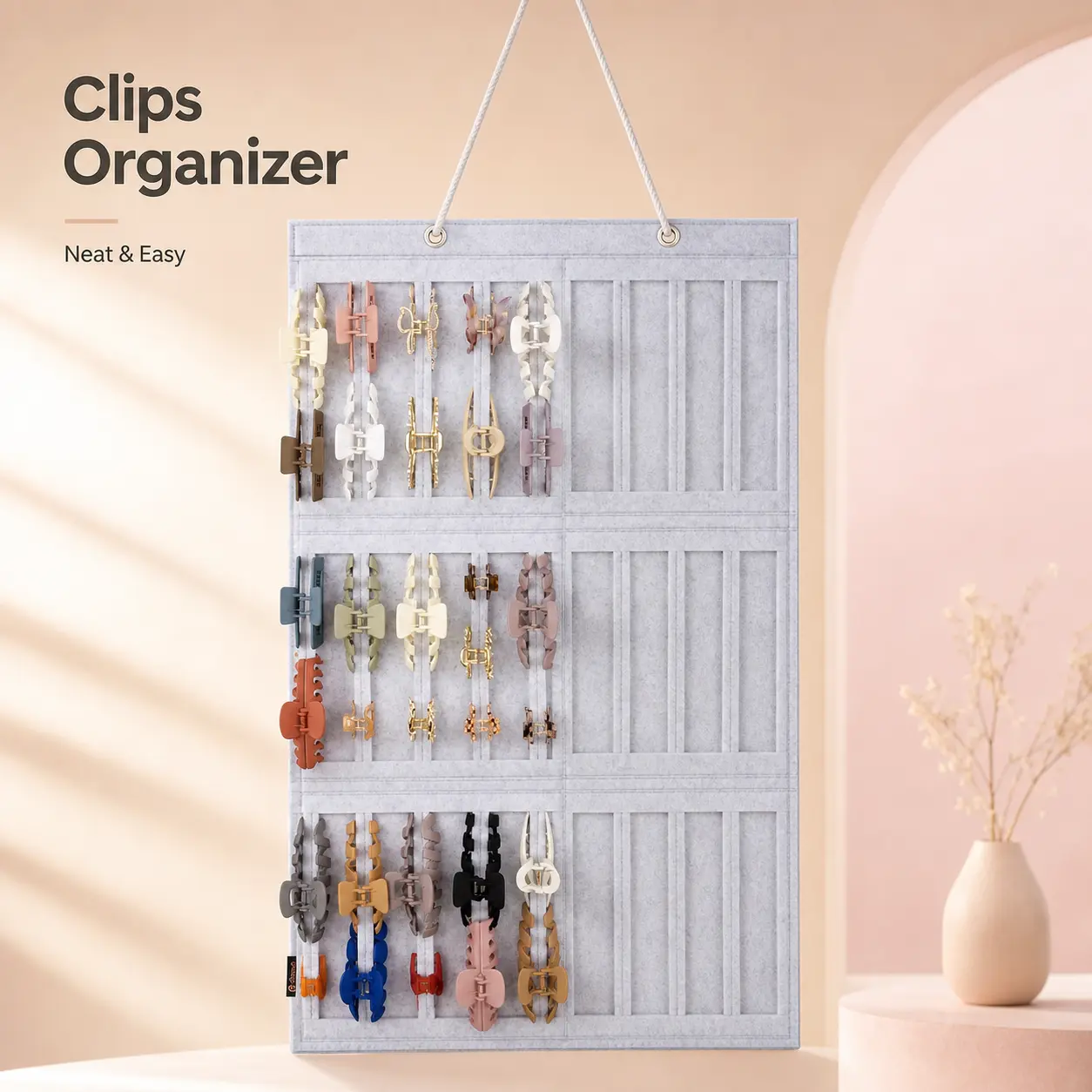Gray Hanging Claw Clip Holder, Hair Clips Storage Organizer for Banana Barrettes and Butterfly Jaw Clips, Bedroom Vanity Display Stand for Hair Accessory Organization