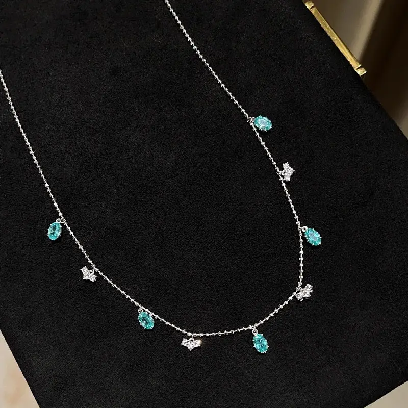 Loveden Exquisite Paraiba Sapphire Bead Necklace, copper chain with brass pendant, adjustable Y-shaped choker, sparkling zircon water drop pendant, versatile jewelry gift for women for daily wear and parties