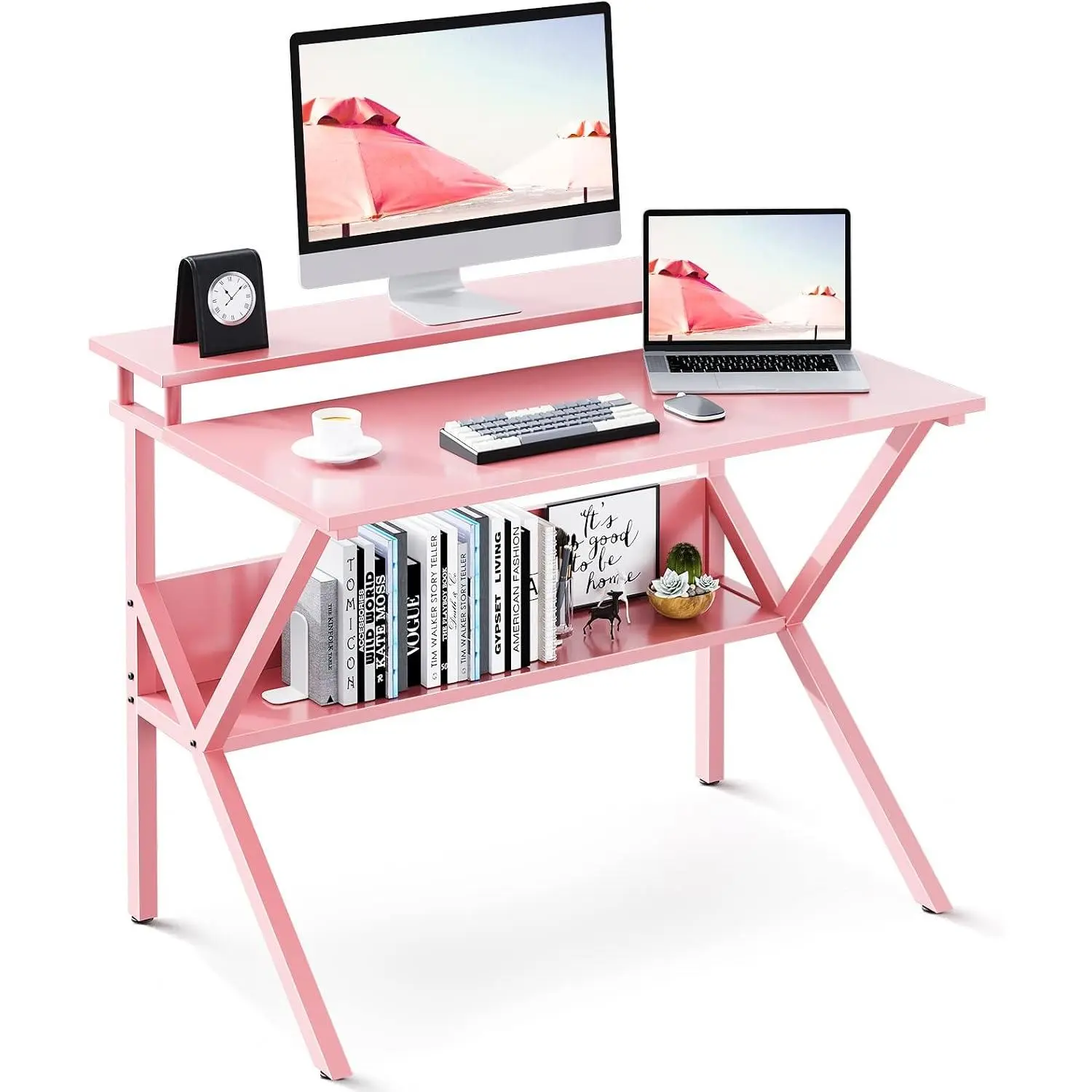 Small Desk, 27.5 Inch Computer Desk for Small Spaces, Study Desk with Storage & Monitor Stand, Pink