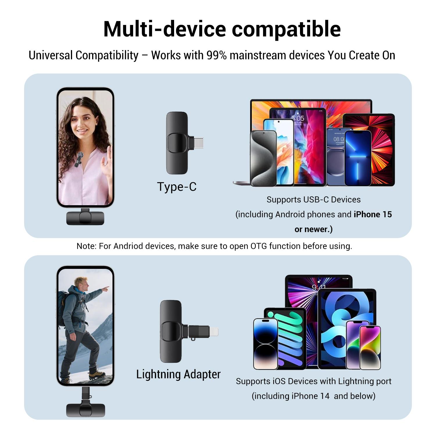 Wireless Mini Lavalier Microphone for iPhone, iPad & Android, Intelligent Noise-Cancelling Plug & Play Lapel Mic for Lightning, USB-Rechargeable Microphone for Short-Video Platforms, Video Recording, Vlogs & Live Streaming, USB Rechargeable Mic