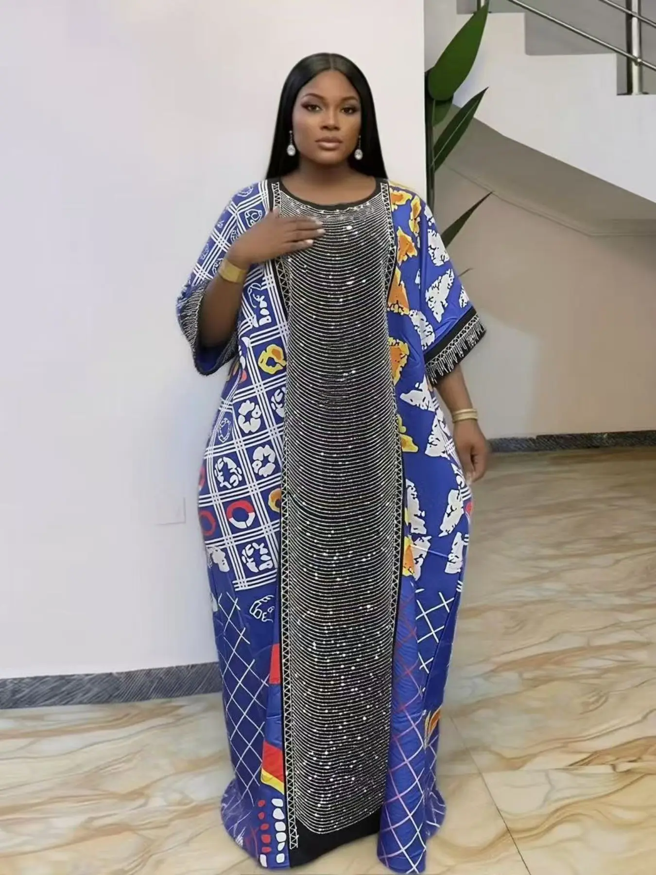 Green geometric print rhinestone party high-end women's long robe dress loose plus size Bubu kaftan for party, holiday, summer, short sleeves, round neck with pockets, 2026 new multi-color Casual Wear
