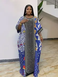 Green geometric print rhinestone party high-end women's long robe dress loose plus size Bubu kaftan for party, holiday, summer, short sleeves, round neck with pockets, 2026 new multi-color