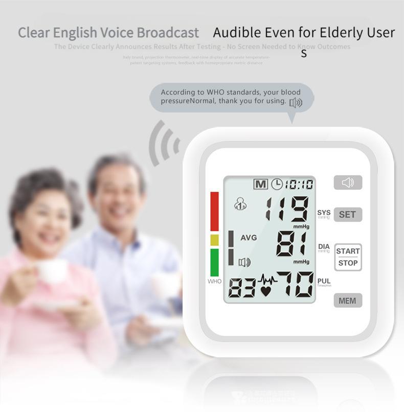 Fully Automatic Upper Arm Blood Pressure Monitor with Heart Rate Detection - Home & Medical Use  Intelligent Voice Broadcast
