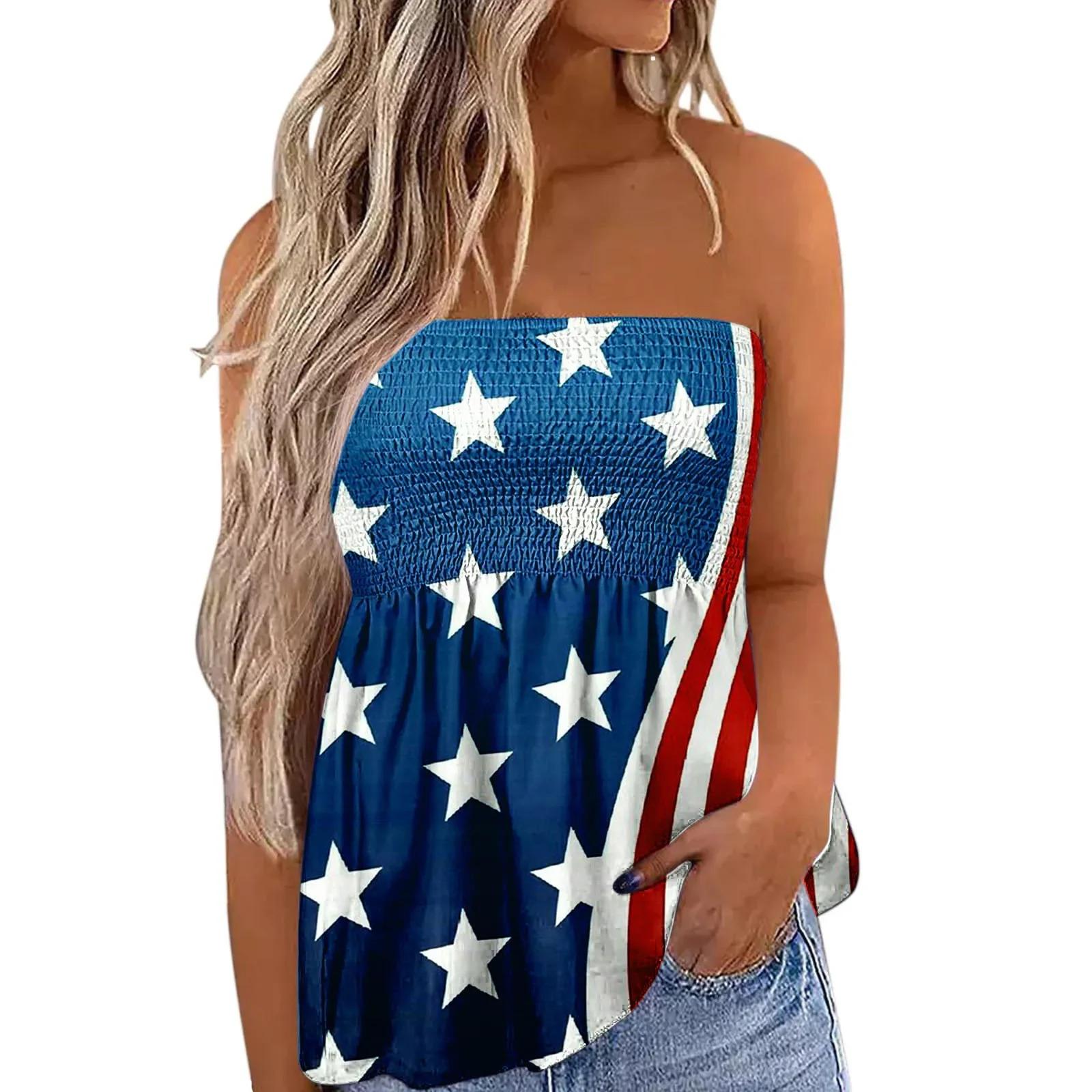 2025 New Women's Fashion Clothing Independence Day Printed Tube Top T-shirt for Women Flowy Strapless Tube Top Blouse
