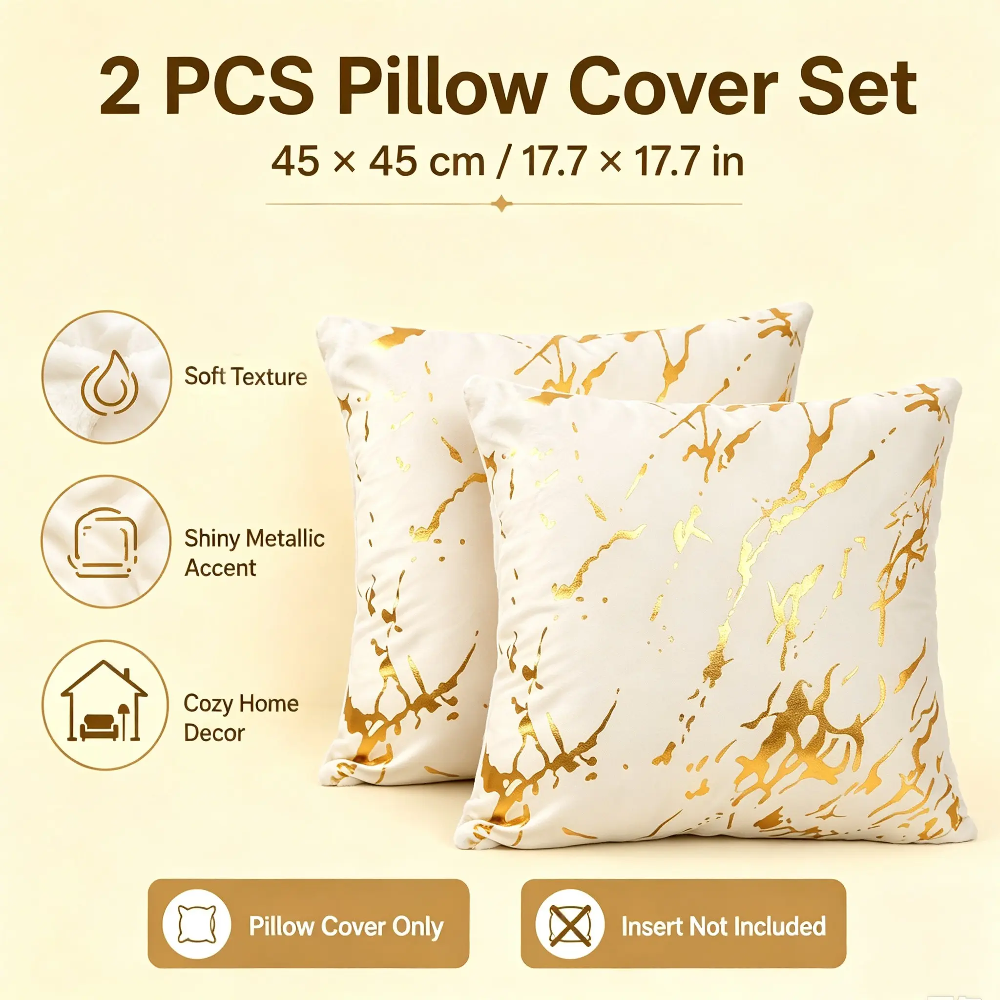 2-Pack Marble Pattern Gold Embellished Pillowcases, Farmhouse Style for Living Room, Bedroom, Sofa Decor, Home & Party Accessories, 18x18, 12x20 Inches