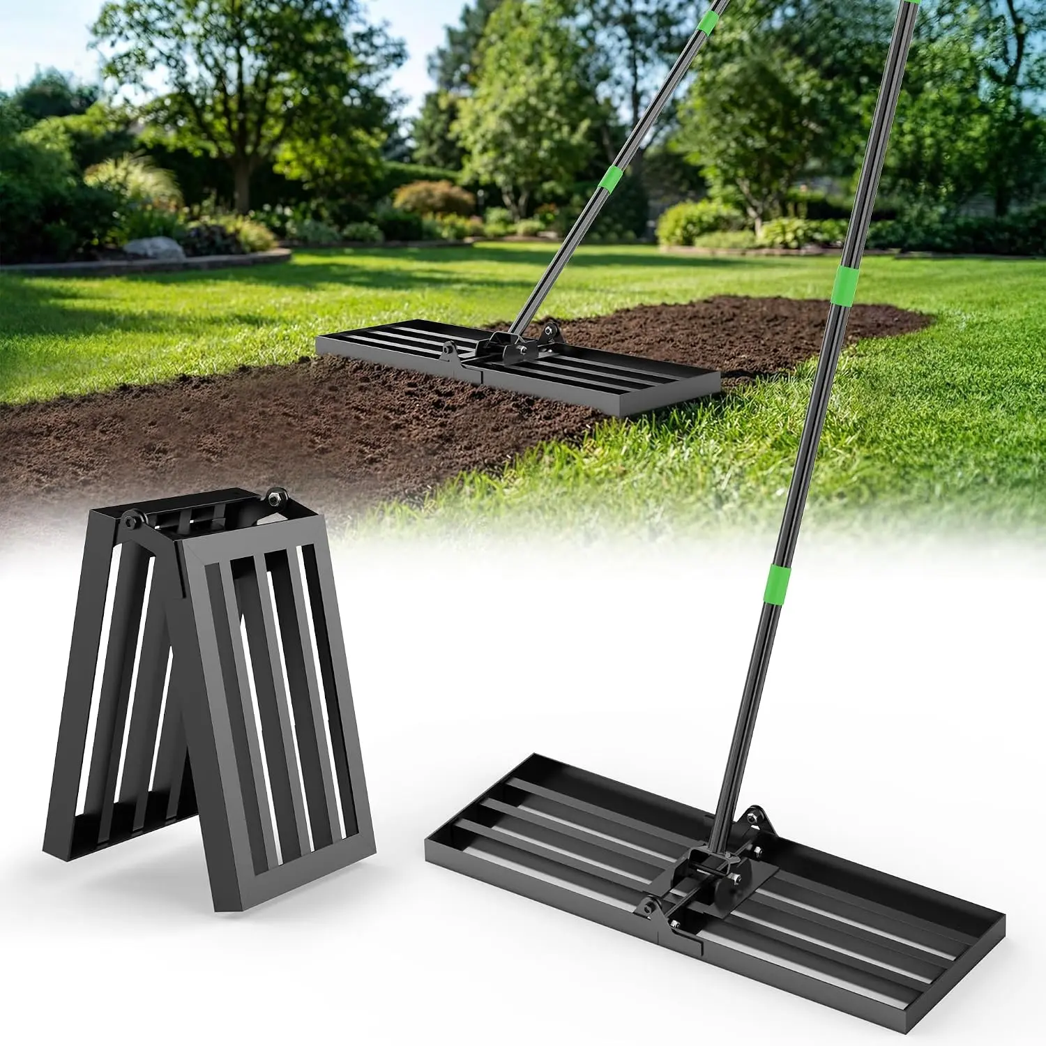 30" x 10" Lawn Leveling Rake for Yard & Garden, Lawn Leveler with Adjustable 6.5FT Handle, Carbon Steel Leveling Tool for Topdressing, Dirt, Sand & Grass Leveling