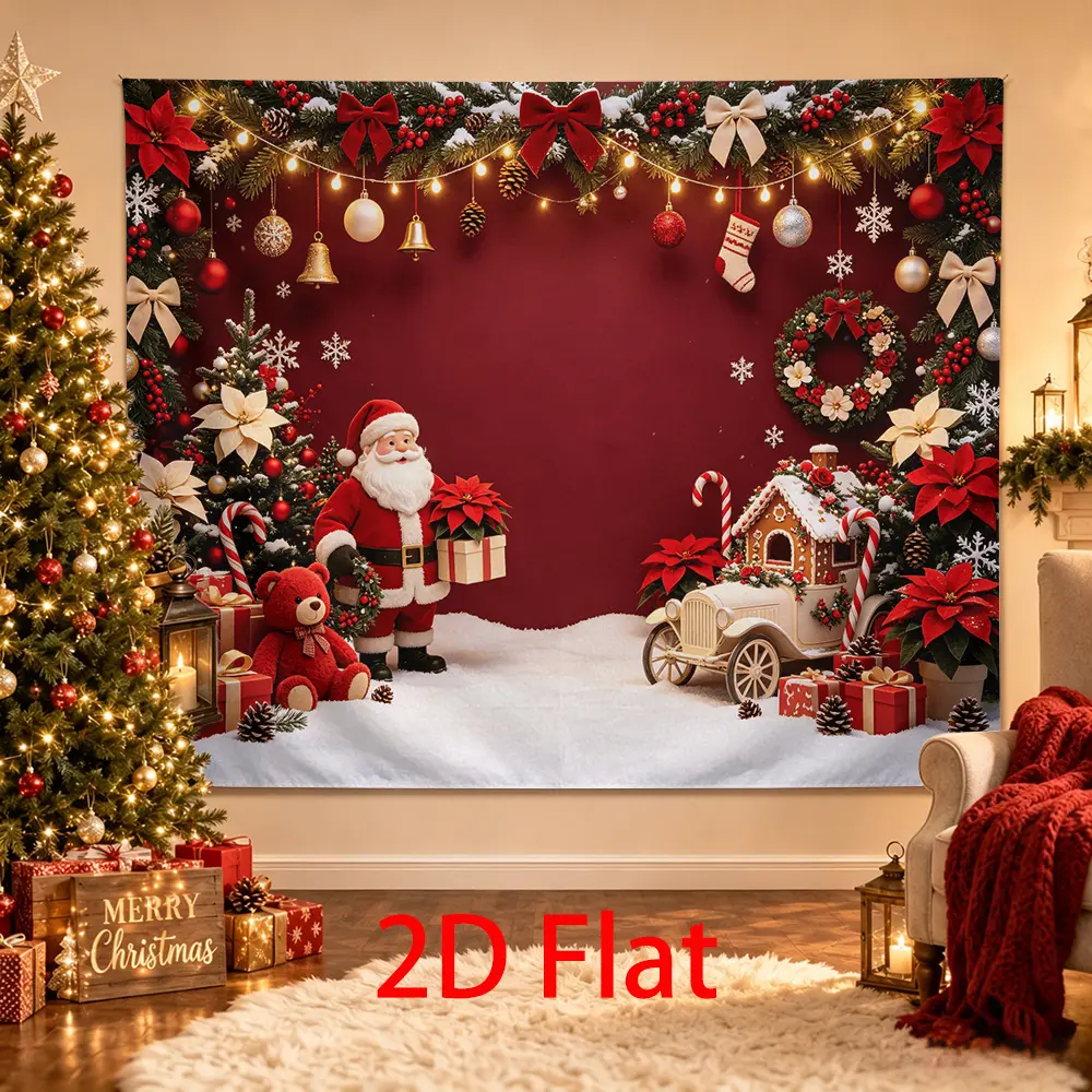 Christmas Santa Backdrop, Red Holiday Photography Background with Poinsettias, Gifts, Gingerbread House, Candy Canes and Snow