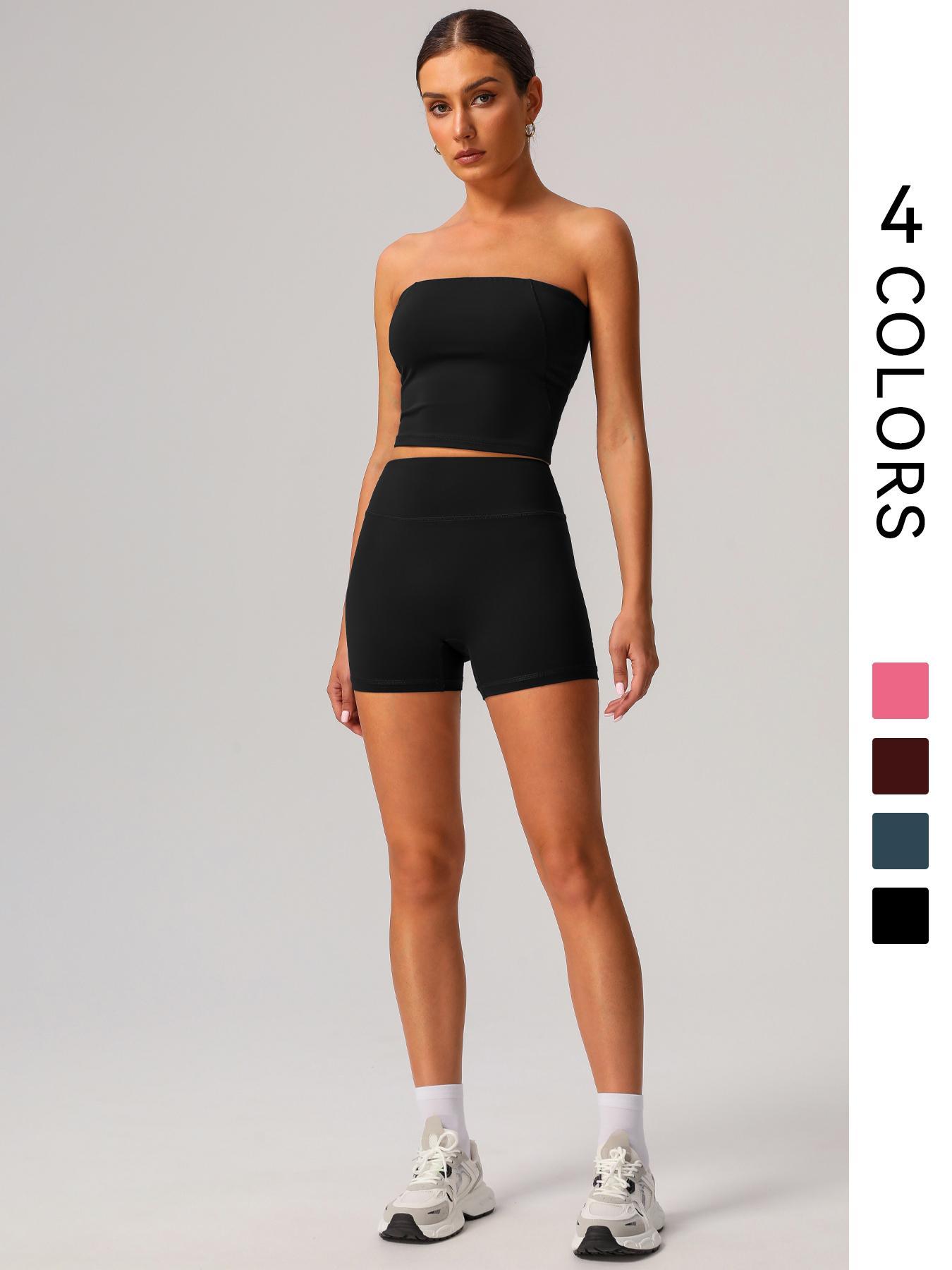 Women's Solid Crop Tube Top & High Waist Shorts Sports Set, Casual Comfy Breathable Two-piece Fitness Outfits for Yoga Gym Workout Running, Ladies Sportswear for Spring & Fall, Sporty Set