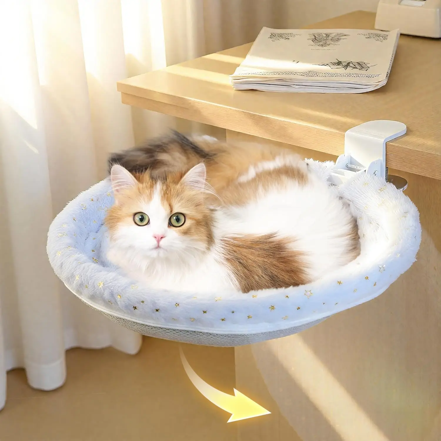 Cat Desk Bed Cat Perch for Home Office 360°Rotating & Adjustable Shelf Removable Comfortable Soft Pet Nest Bed Modern Unique Kitten Furniture Attachment for Game Tables Grey