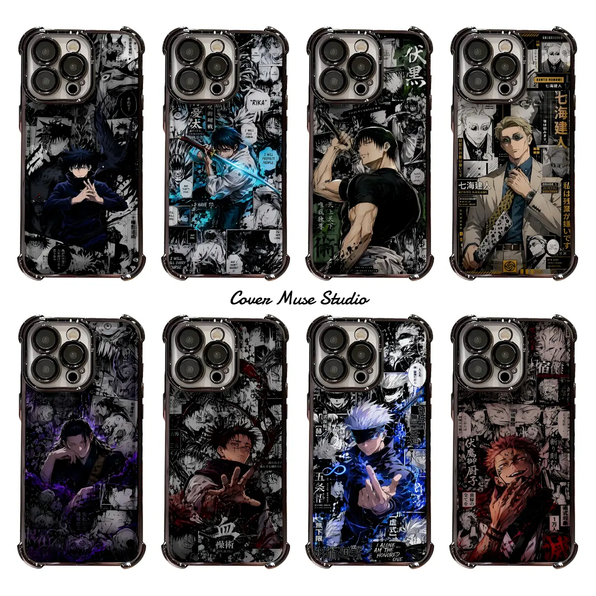 JJK Anime Manga Character Collage Smartphone Casing - Metallic Electroplated, Shockproof 4-Corner Airbag, Transparent Red Tone Handheld Device Accessory for iPhone 17,16,15,14,13,12,11 Pro Max (Gojo,Yuji,Megumi,Nobara Design), Devices