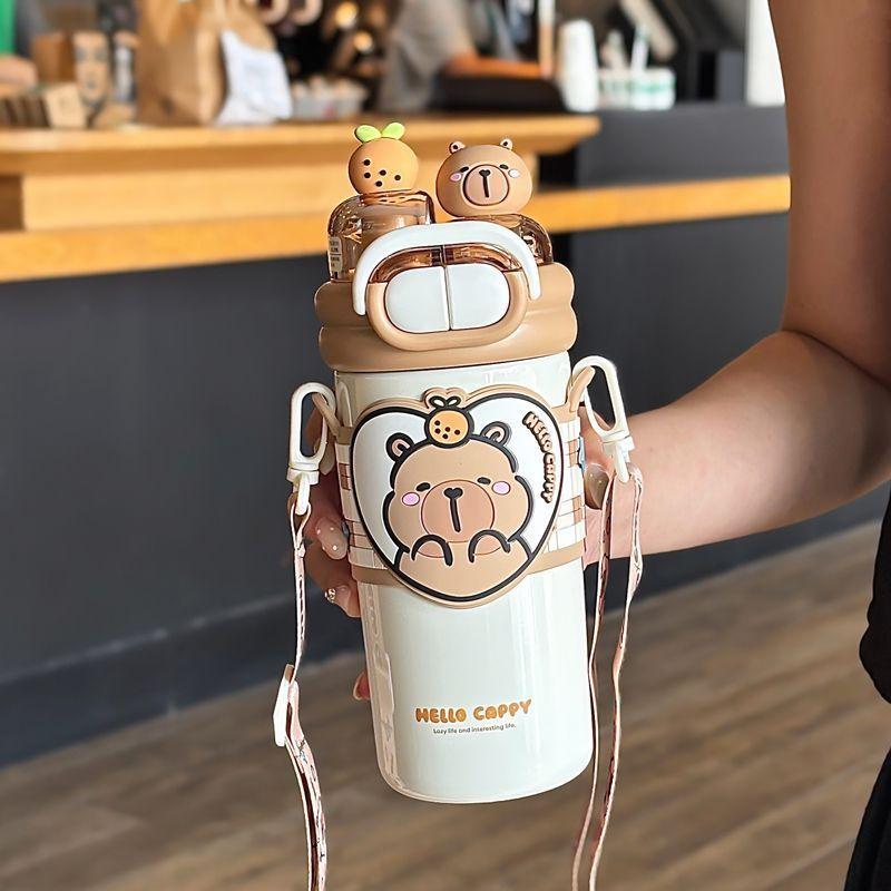 Capybara Children's Straw Insulated Cup for Kids 316 Stainless Steel Cartoon Double Drinking Diagonal Cross Travel Water Bottle