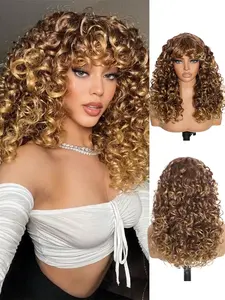 18 Inch Ombre Blonde Long Curly Afro Wig with Bangs for Women, Big Bouncy Fluffy Synthetic Hair Wig for Daily Wear & Cosplay