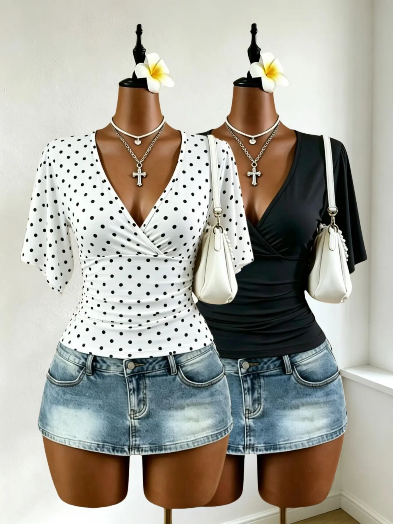 Women's V-Neck Cross over Wrap Short Sleeve T-Shirt, Flutter Sleeve Ruched Waist Elastic Top, Two-Piece Set for Streetwear