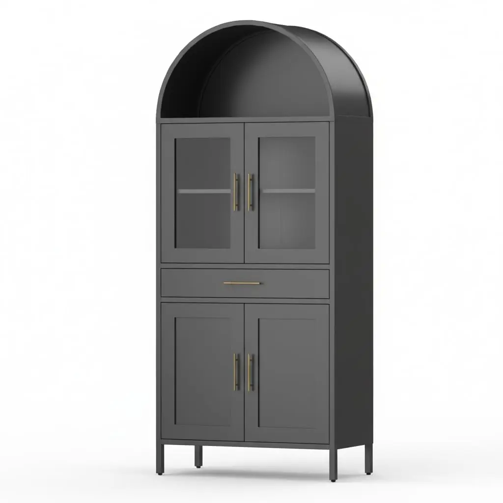 72" Tall Pantry Cabinet with Glass Door, Fluted Arched Display Cabinet with Adjustable Shelves and Hidden Drawer, Modern Storage for Kitchen, Living Room, Dining Room, 30 Inch Wide (Black)