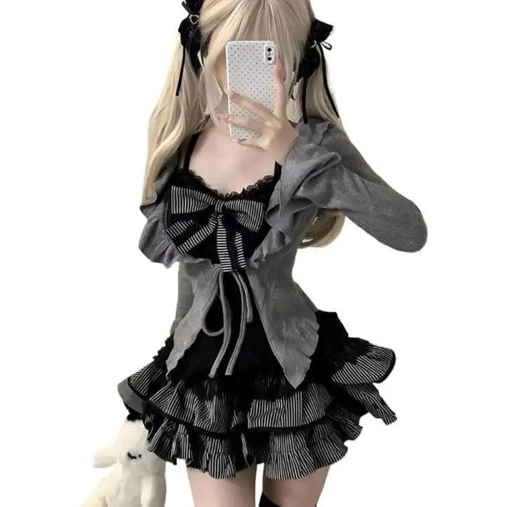 Y2K Gothic 3-Piece Set Big Bow Top Tiered Skirt With Long Sleeve Cardigan