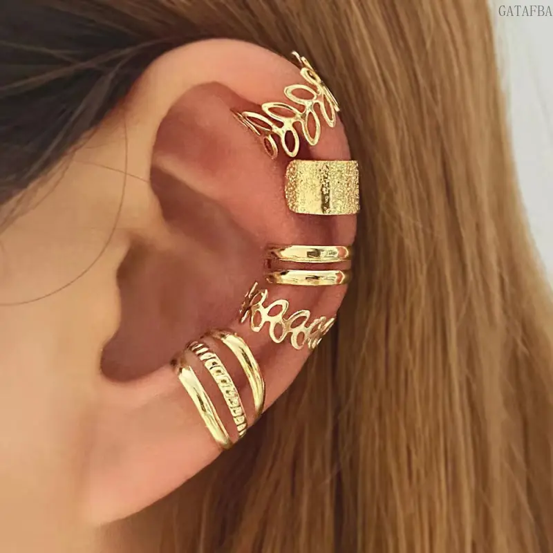 5Pcs Vintage C-Shape Clip On Earrings Multi-Layer Hollow Leaf No Piercing Ear Jewelry Set