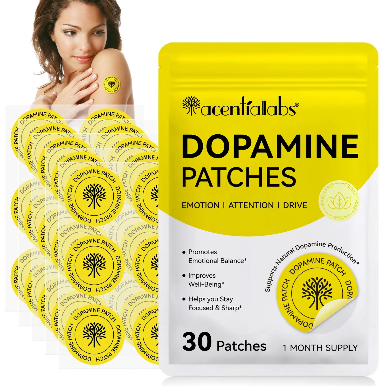 Acentiallabs Dopamine Patches 30pcs/bag, Natural Herbal Formula, Gentle, Enhances Focus & Happiness, Waterproof, Lazy-Friendly Design, 1 Month Supply