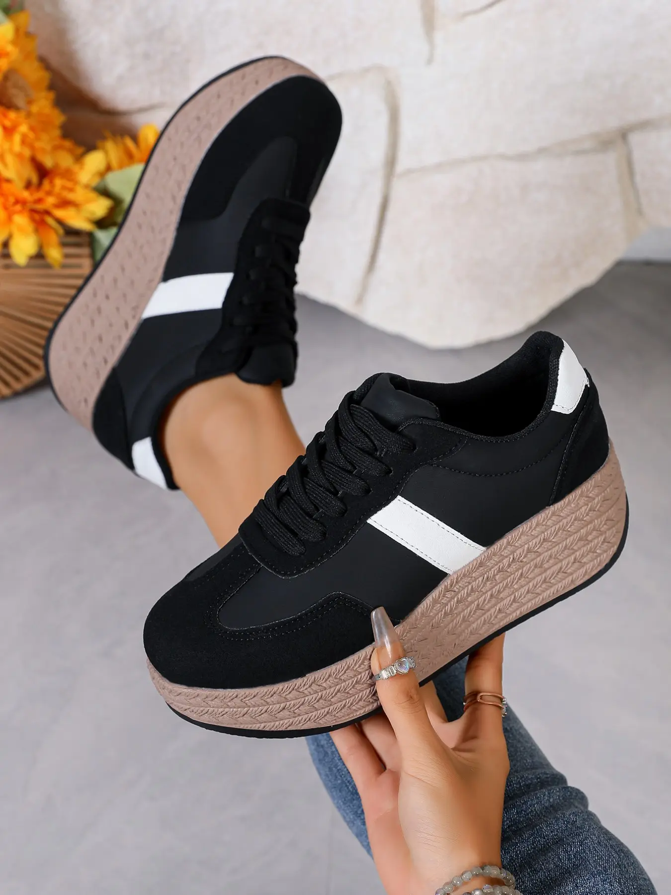 Women's Thick Sole Wedge Sneakers, Colorblock Striped Design, Arch Support and Pain Relief, Casual High Top Shoes for All Seasons