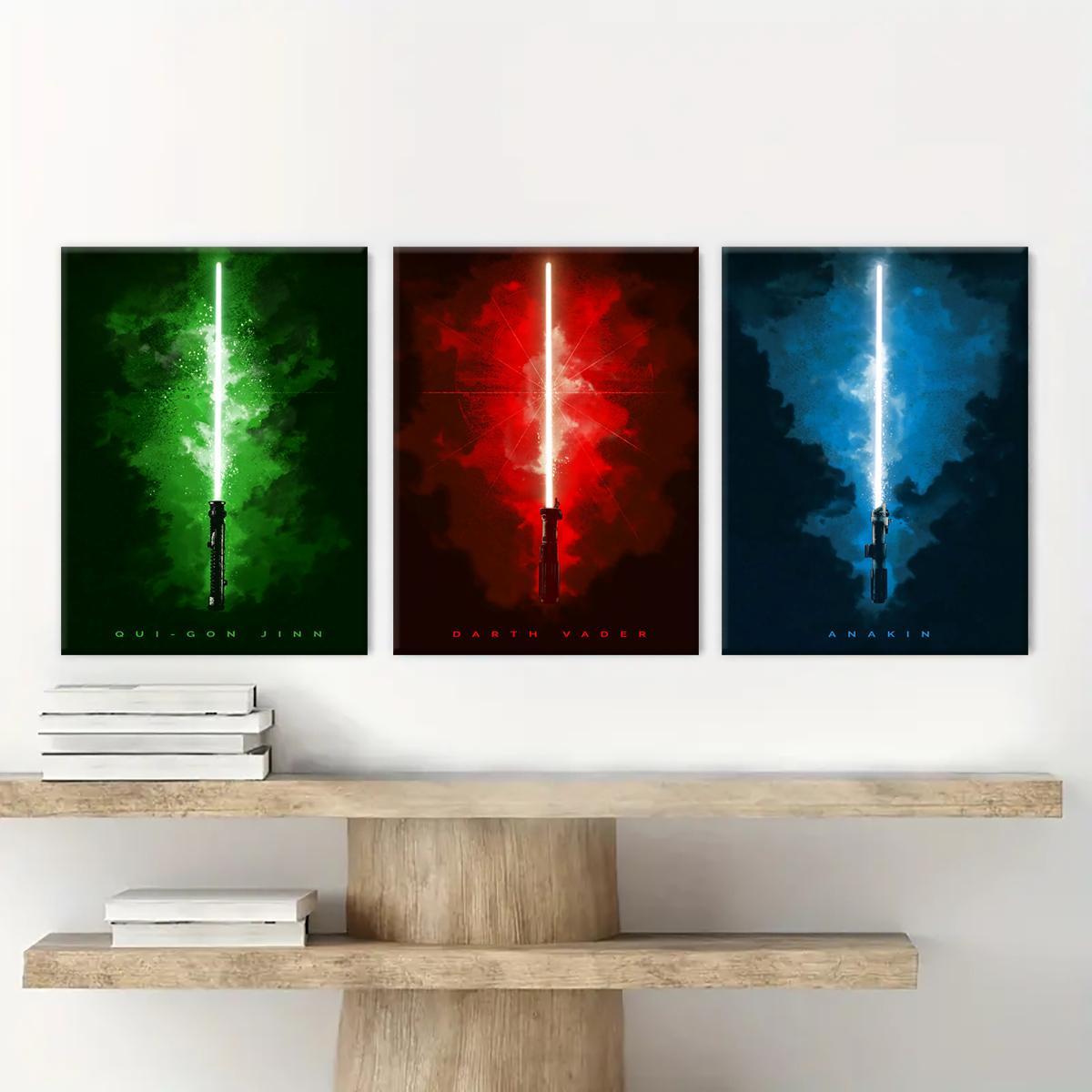 Wooden Framed Canvas Painting, 3 Counts/set Lightsaber Pattern Wall Art, Unique Artwork, Modern Wall Decor for Home Living Room Bedroom Office Illustrations, Decoration