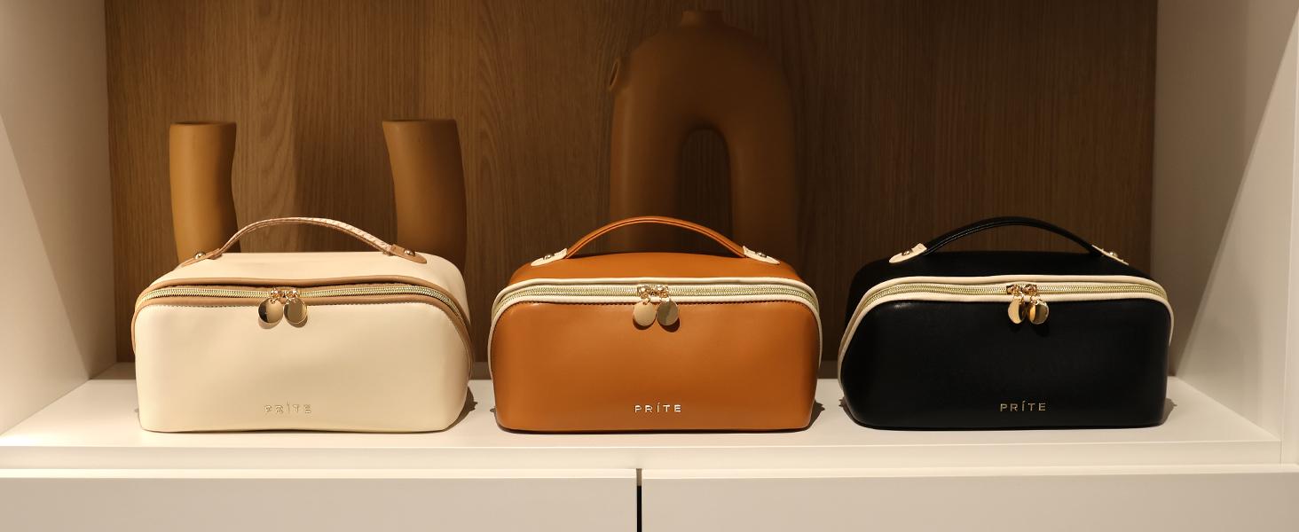 Prite Makeup Bag for Women Travel Waterproof Vegan Leather Cosmetic Bag Open Flat Toiletry Bag With Clear Divider and Handle (Beige)