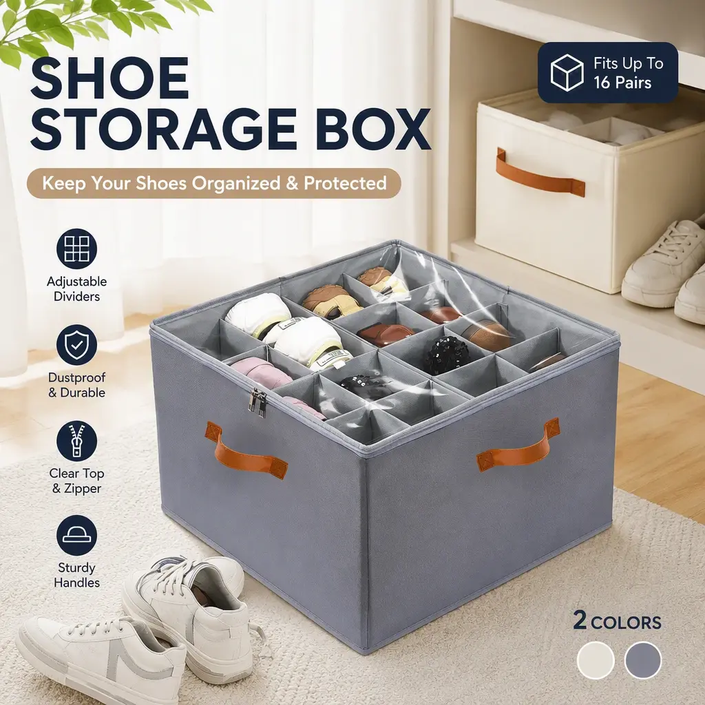 Foldable Shoe Organizer for Closet - Clear Cover, Large Stackable Storage Box with Adjustable Dividers, Space-Saving Container for Sneakers, Boots (White/Grey)