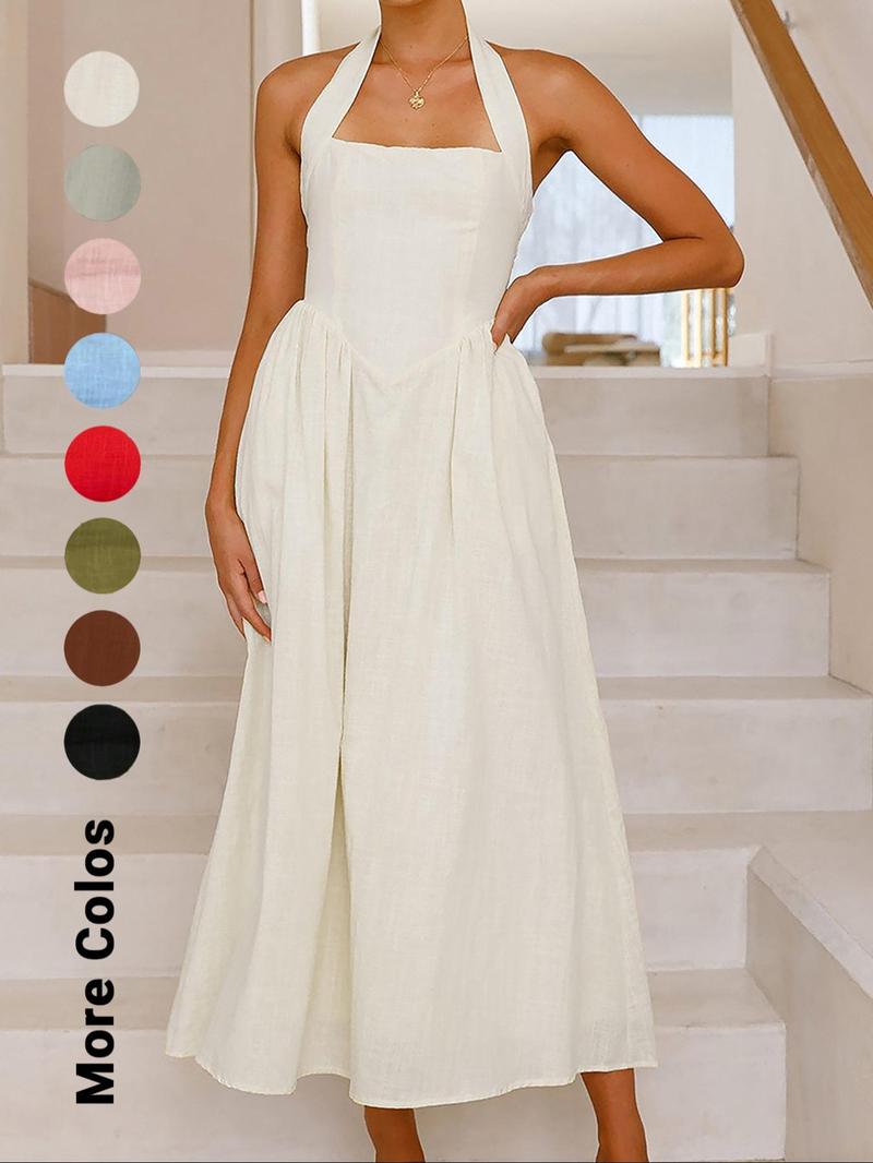 Women's Plain Pocket Zipper Back Dress, Casual Sleeveless Halter Neck A Line Dress for Summer, Ladies Clothes for Beach Holiday, Brunch Dresses