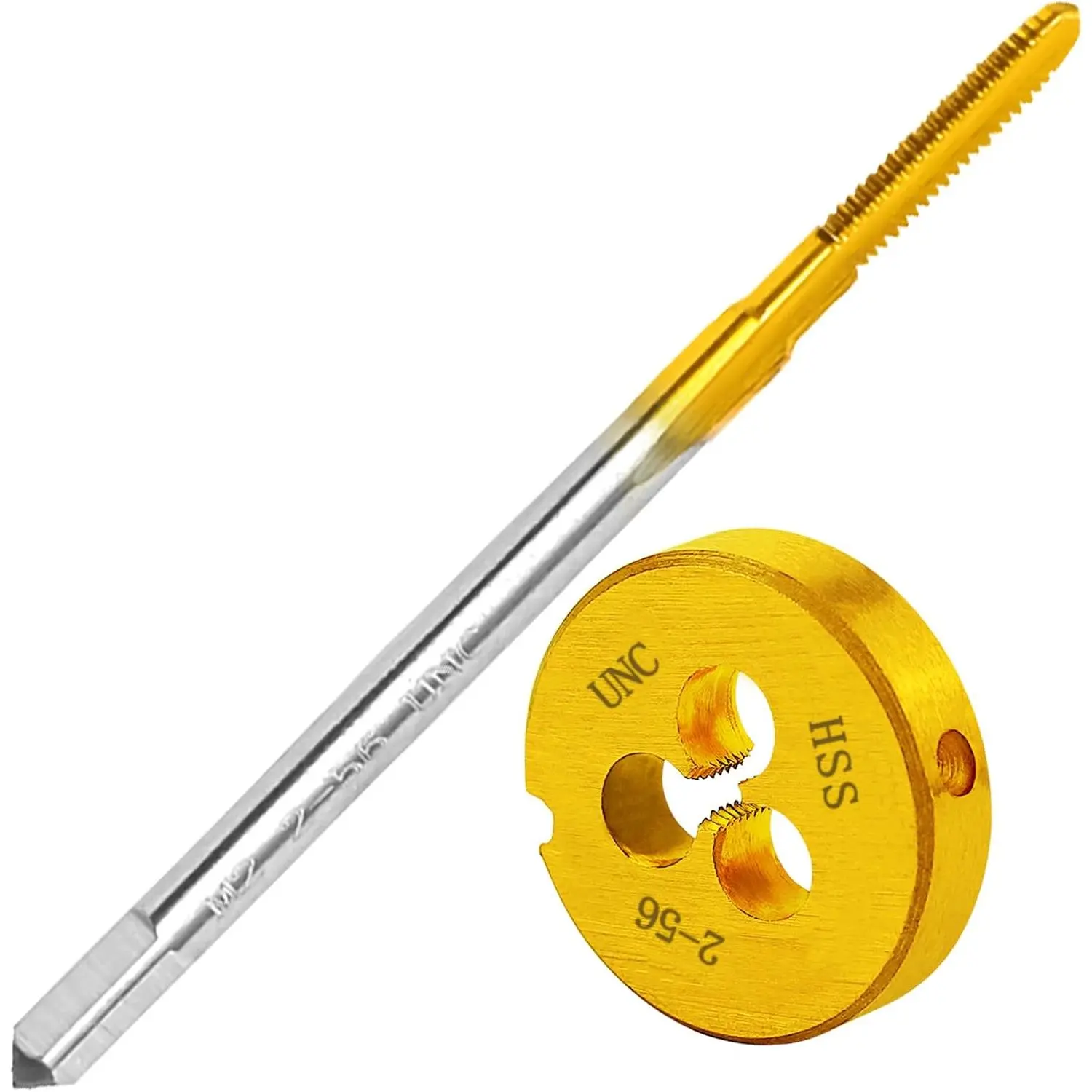 2-56 UNC Right Hand Tap and Die Set, Titanium-Plated M2 HSS Machine Tap and Alloy Tool Steel Round Die for Threading Metal, Aluminum, Plastic, Wood, 1Pc 2-56 Unc Tap And Round Die Set