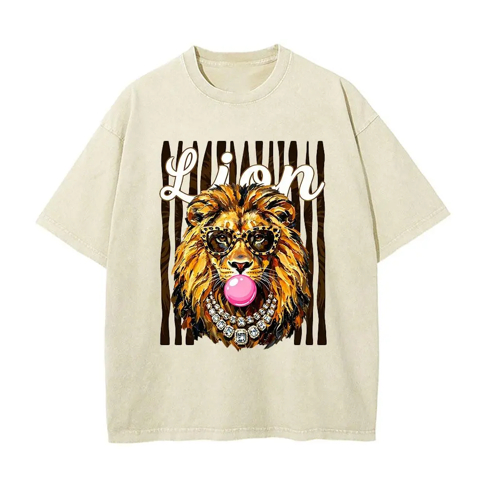 Women's Acid Wash Beige Oversized Knitted Fabric Round Neck Short Sleeve Casual Graphic Tee Set - Unisex Cool Lion Bubblegum, Retro Zebra Animal Print Design