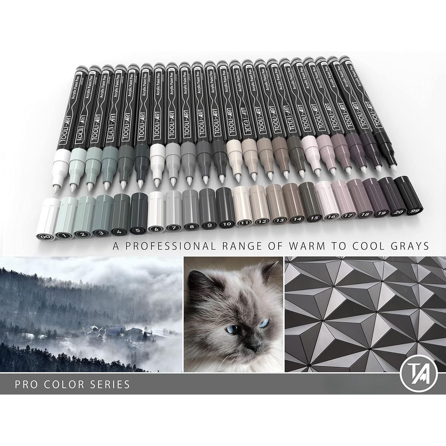 Pens 22 Gray  Assorted Pro Color Series Markers Set 0.7mm Extra Fine Tip for Rock Painting, Glass, Mugs, , Metal, Canvas, Projects, Non , Waterbased, Quick Drying