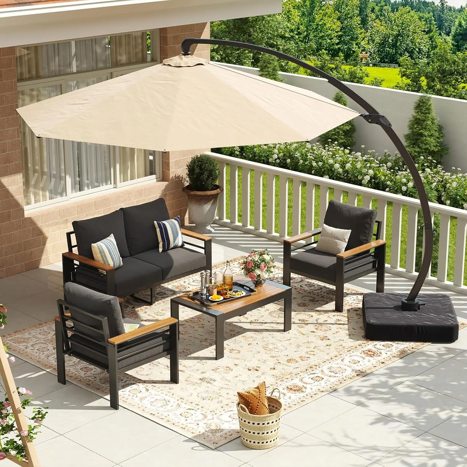 Aoxun Modern Aluminum-Frame 4-Seat Patio Furniture Set - Includes Umbrella, Oversized Outdoor Sectional with Washable Thick Cushions, Coffee Table for Porch, Deck, Patio Furniture Sets