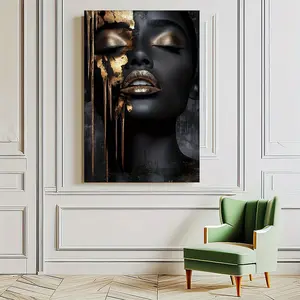 1 piece of modern abstract female face canvas art with gold accents - black and gold wall decoration, suitable for home, office, or as a gift - perfect for Mother's Day, birthdays, etc., a gift for her |   Modern Wall Art |   Wooden wrapped canvas