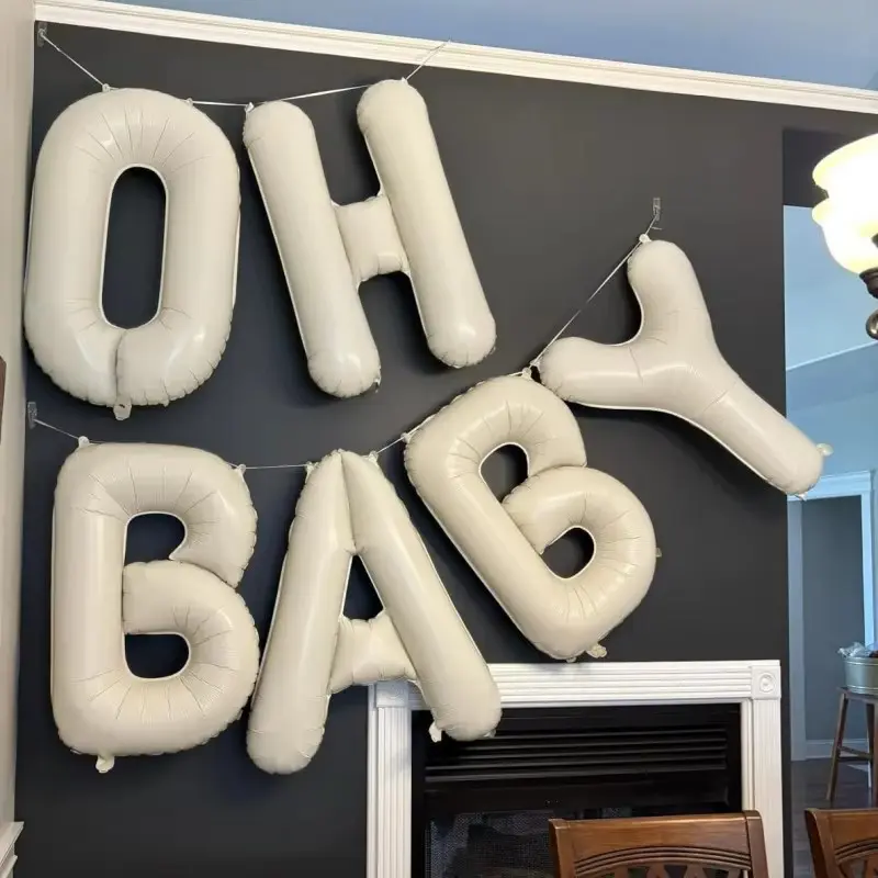 Cream-colored OHBABY letter balloons, 40-inch beige baby party balloons; baby letter balloons specially designed for baby parties and gender reveal decorations (comes with ribbon and straw).
