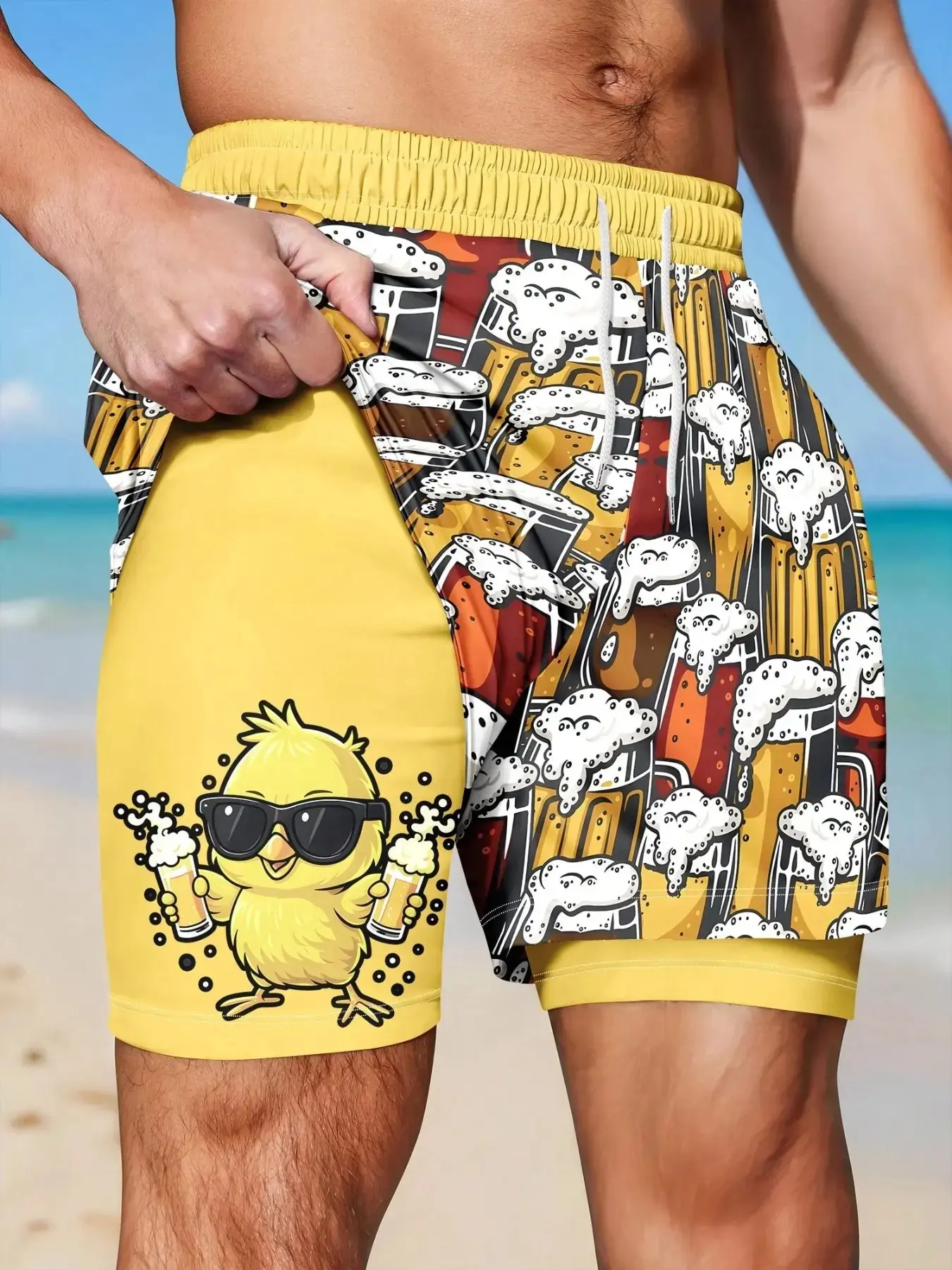 Men Double Layer Drawstring Casual Shorts, Cartoon Chick Beer Flamingo Pineapple Print Quick Dry Stretch Short Pants, Summer Beach Outdoor Vacation Daily Athletic Bottoms.
