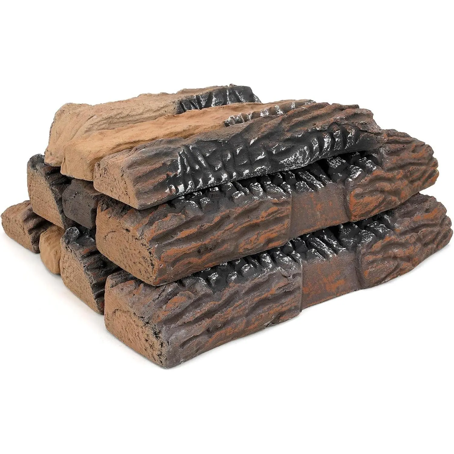 10 Piece Set of Large Ceramic Logs for Gas Fireplace Fire Pits | Decoration for all types of ventless gel ethanol electric gas inserts propane indoor or outdoor fireplaces fire pits