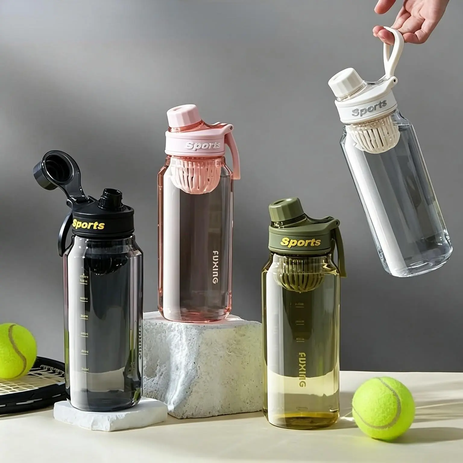 1000ML Sports Water Bottle with Scale, Portable Handle, Leak-Proof, Transparent Plastic, Ideal for Outdoor, Camping, Fitness, Gifts