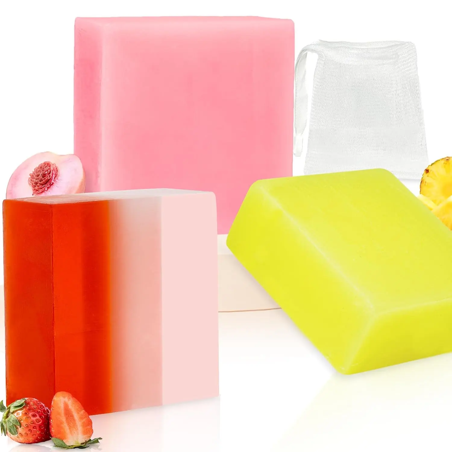 3-Pack Handmade Fruity Cleansing Soap Bar - pH Balancing Natural Plant Body Care Cleanser, Gentle Moisturizing Pineapple Peach Strawberry Scent, Daily Use Bath Soap with Foaming Net, Hydrating, All Skin, Exfoliating