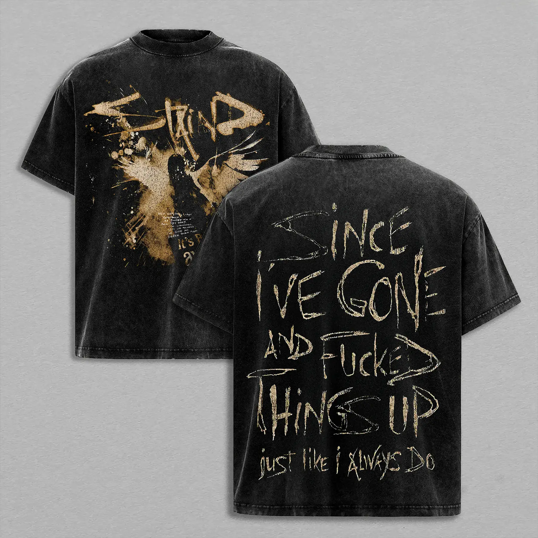 Men's Grunge Retro Washed Cotton Graphic T-Shirt - Oversized Baggy Fit, Staind Rough Graffiti Lyric, Wing Silhouette, Double-Side Print, Soft Short-Sleeve Menswear Top for Skate Rock Festival, Streetwear Casual Outfits, Vintage Graphic Tees, Graphic Shirt