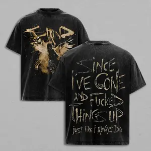 Men's Grunge Retro Washed Cotton Graphic T-Shirt - Oversized Baggy Fit, Staind Rough Graffiti Lyric, Wing Silhouette, Double-Side Print, Soft Short-Sleeve Menswear Top for Skate Rock Festival, Streetwear Casual Outfits