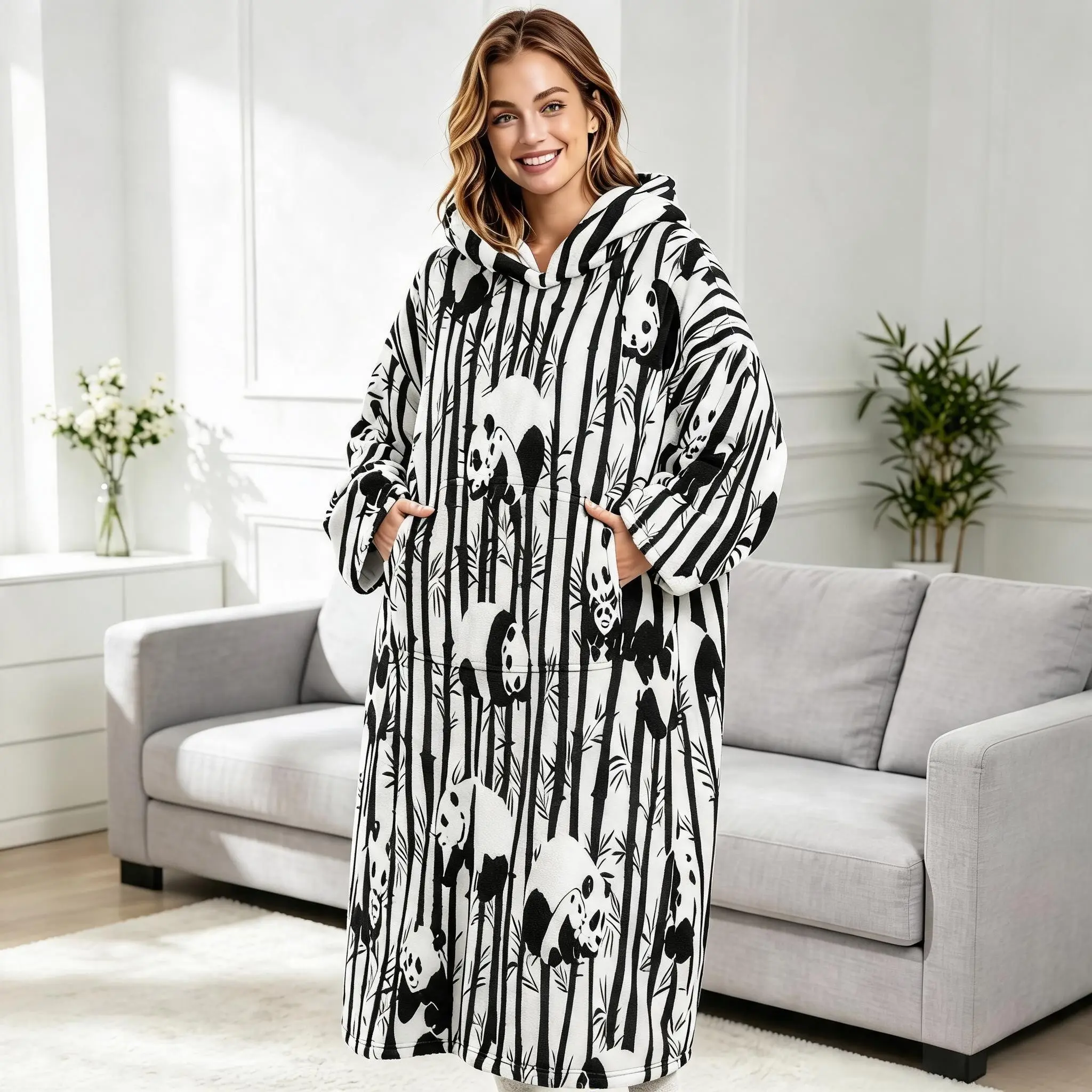 Flannel Hooded Wearable Blanket, Panda Bamboo Print, Soft Warm Cozy, Long Loose Fit with Large Pockets, Unisex, Gift for Couples