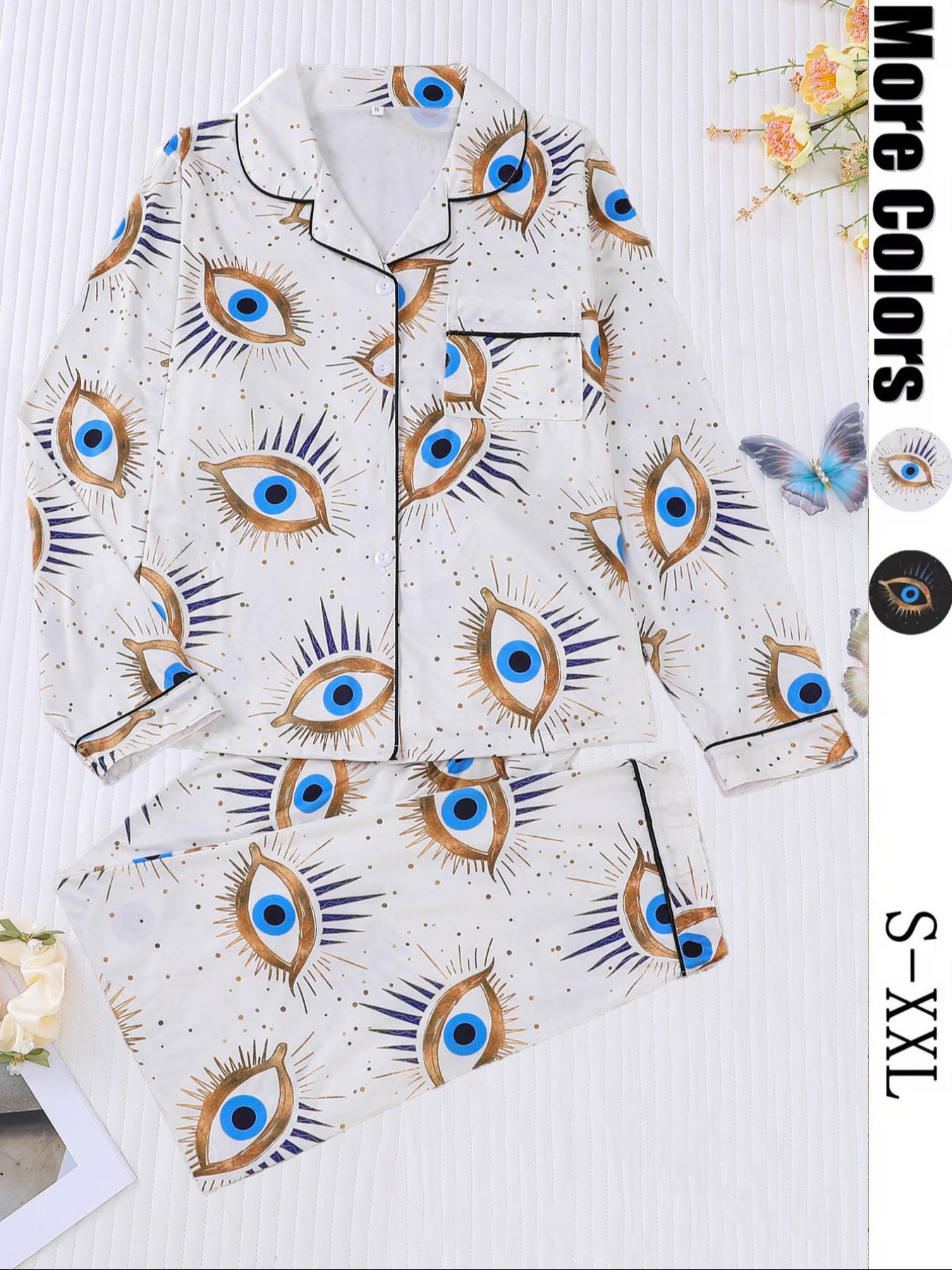 Women's Random Print Pajama Set Loungewear, Casual Comfy Long Sleeve Button Up Top & Elastic Waist Pants PJ Set, Ladies Sleepwear for All Seasons